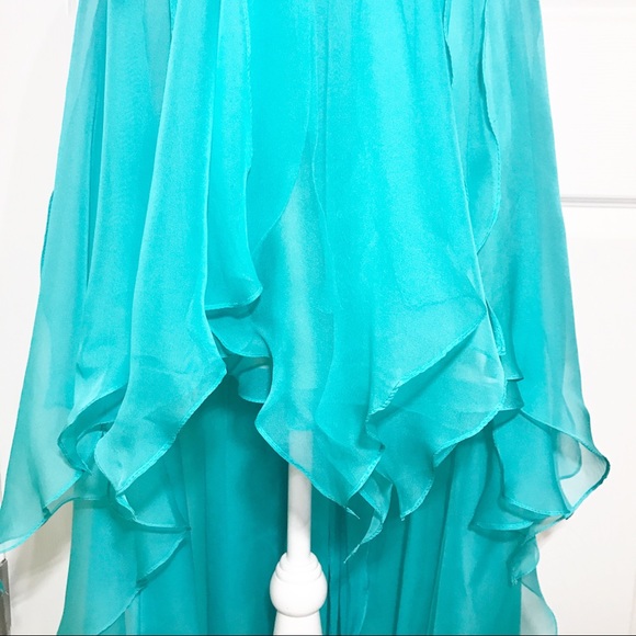 La Femme Aqua Blue Teal Prom Pageant Dress Chiffon Lace High Low Strapless Gown - Picture 3 of 8
